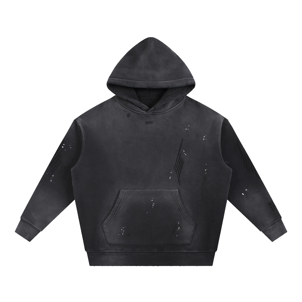 Vintage Washed Frayed Fleece Hoodie/ Design On Back
